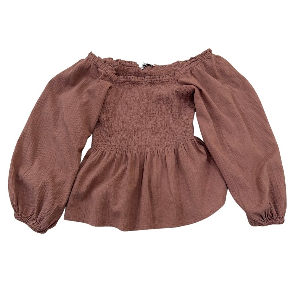 Madewell Mauve Smocked Peplum Blouse Off Shoulder Balloon Sleeve Top 00 Pink